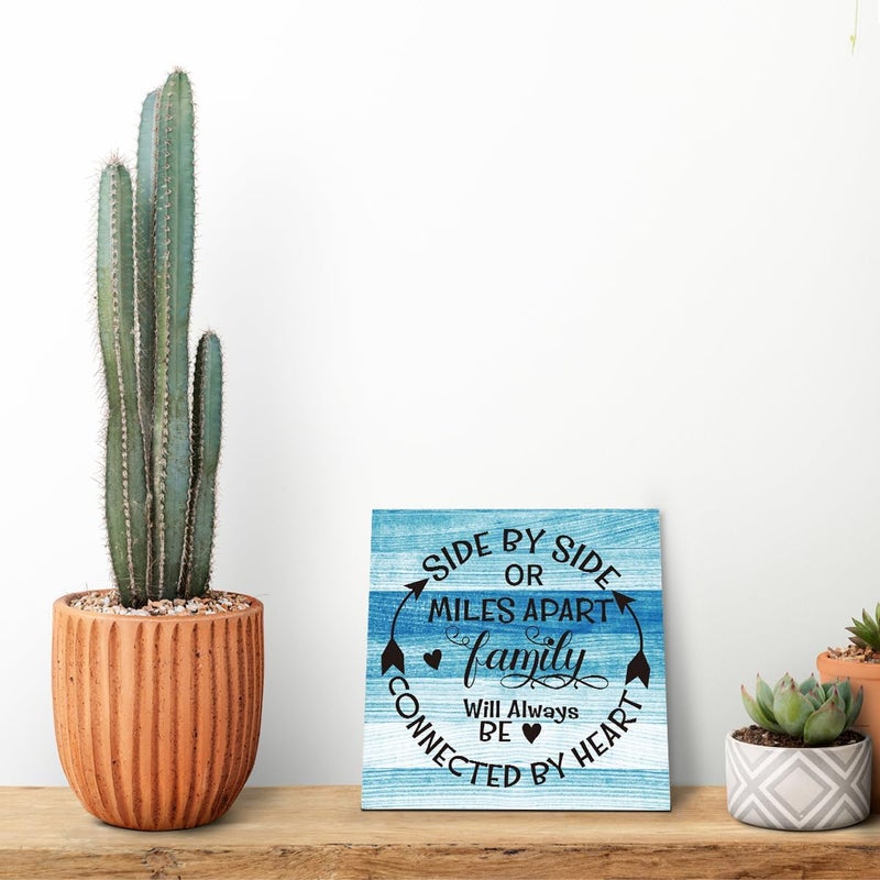 SUSZDOU Family Sign, “Side by Side or Miles Apart, Family Will Always Be Connected by Heart”, Wooden Plaque Table Art Sign 6.2x6.2 Inch, Farmhouse Room Decor, Long Distance Gift for Loved Ones B - Image 5